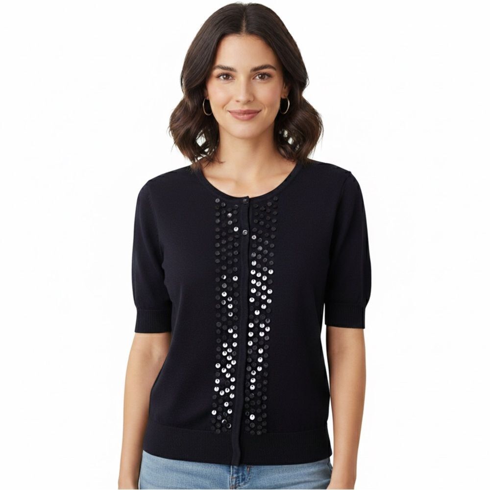 NWT Talbots Petite Black Pima Cotton Sequin Short-Sleeve Sweater Cardigan Large